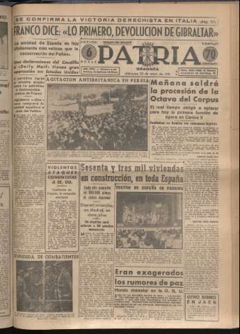 'Patria : diario de Falange Española Tradicionalista y de las J.O.N.S.' - Año XVI Número 4791 - 1951 mayo 30