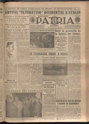 'Patria : diario de Falange Española Tradicionalista y de las J.O.N.S.' - Año XVI Número 4793 - 1951 junio 1