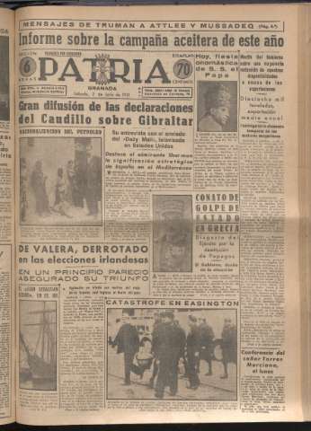 'Patria : diario de Falange Española Tradicionalista y de las J.O.N.S.' - Año XVI Número 4794 - 1951 junio 2