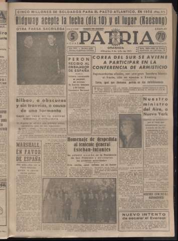 'Patria : diario de Falange Española Tradicionalista y de las J.O.N.S.' - Año XVI Número 4821 - 1951 julio 4