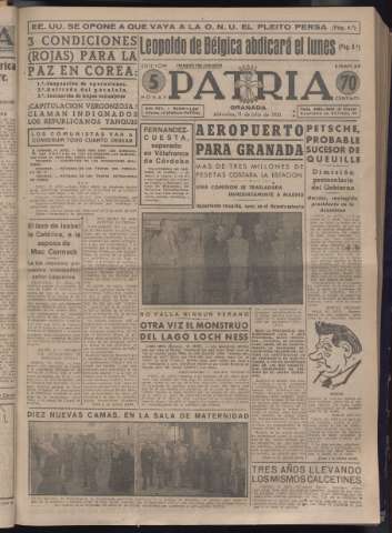 'Patria : diario de Falange Española Tradicionalista y de las J.O.N.S.' - Año XVI Número 4827 - 1951 julio 11