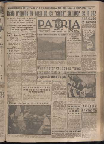 'Patria : diario de Falange Española Tradicionalista y de las J.O.N.S.' - Año XVI Número 4850 - 1951 agosto 8
