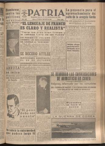 'Patria : diario de Falange Española Tradicionalista y de las J.O.N.S.' - Año XVI Número 4907 - 1951 septiembre 20