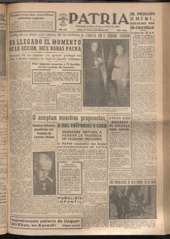 'Patria : diario de Falange Española Tradicionalista y de las J.O.N.S.' - Año XVI Número 4931 - 1951 octubre 18
