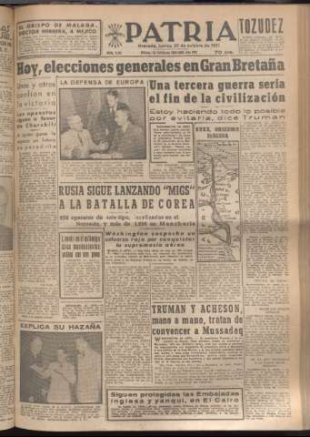 'Patria : diario de Falange Española Tradicionalista y de las J.O.N.S.' - Año XVI Número 4937 - 1951 octubre 25