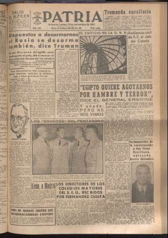'Patria : diario de Falange Española Tradicionalista y de las J.O.N.S.' - Año XVI Número 4949 - 1951 noviembre 8