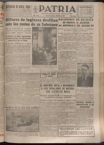 'Patria : diario de Falange Española Tradicionalista y de las J.O.N.S.' - Año XVII Número 5031 - 1952 febrero 13