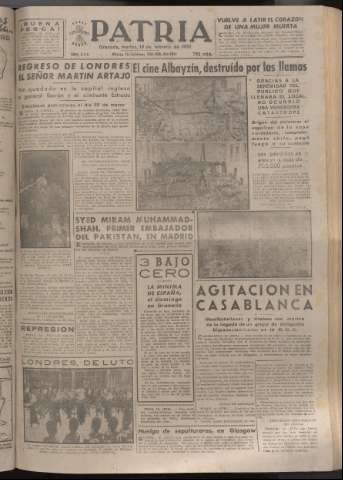 'Patria : diario de Falange Española Tradicionalista y de las J.O.N.S.' - Año XVII Número 5036 - 1952 febrero 19
