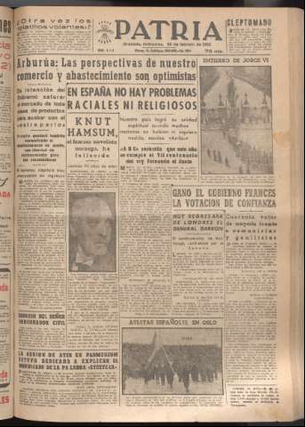 'Patria : diario de Falange Española Tradicionalista y de las J.O.N.S.' - Año XVII Número 5037 - 1952 febrero 20