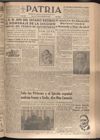 'Patria : diario de Falange Española Tradicionalista y de las J.O.N.S.' - Año XVII Número 5061 - 1952 marzo 19