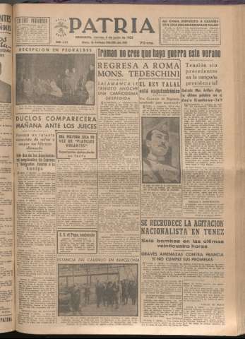 'Patria : diario de Falange Española Tradicionalista y de las J.O.N.S.' - Año XVII Número 5129 - 1952 junio 6