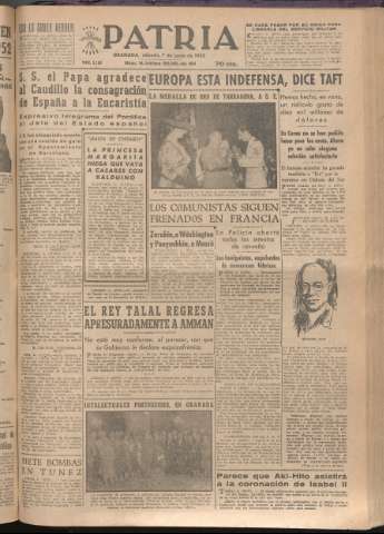 'Patria : diario de Falange Española Tradicionalista y de las J.O.N.S.' - Año XVII Número 5130 - 1952 junio 7