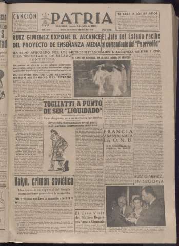 'Patria : diario de Falange Española Tradicionalista y de las J.O.N.S.' - Año XVII Número 5152 - 1952 julio 3