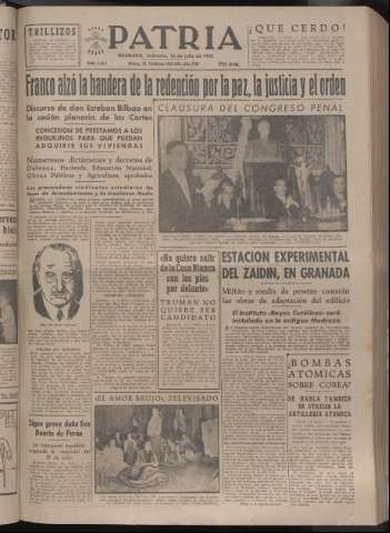 'Patria : diario de Falange Española Tradicionalista y de las J.O.N.S.' - Año XVII Número 5163 - 1952 julio 16