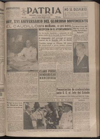 'Patria : diario de Falange Española Tradicionalista y de las J.O.N.S.' - Año XVII Número 5165 - 1952 julio 18