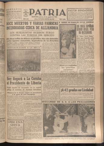 'Patria : diario de Falange Española Tradicionalista y de las J.O.N.S.' - Año XVII Número 5188 - 1952 agosto 14