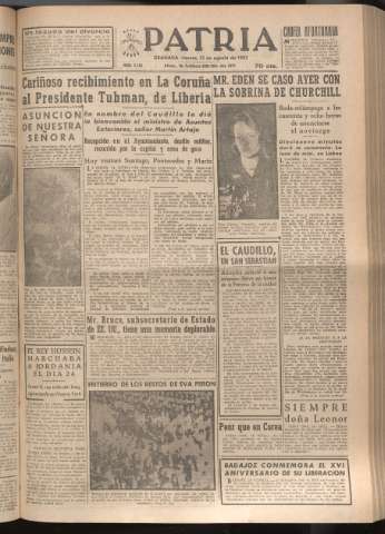 'Patria : diario de Falange Española Tradicionalista y de las J.O.N.S.' - Año XVII Número 5189 - 1952 agosto 15