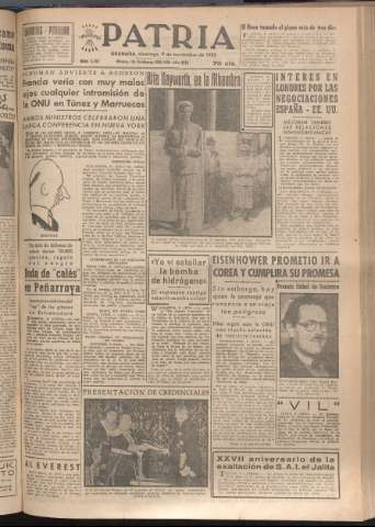 'Patria : diario de Falange Española Tradicionalista y de las J.O.N.S.' - Año XVII Número 5263 - 1952 noviembre 9