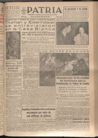 'Patria : diario de Falange Española Tradicionalista y de las J.O.N.S.' - Año XVII Número 5271 - 1952 noviembre 19