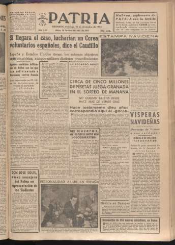 'Patria : diario de Falange Española Tradicionalista y de las J.O.N.S.' - Año XVII Número 5299 - 1952 diciembre 21