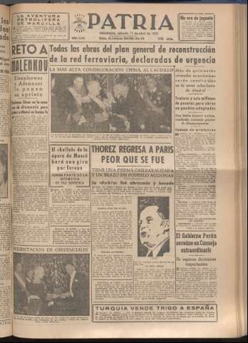 'Patria : diario de Falange Española Tradicionalista y de las J.O.N.S.' - Año XVIII Número 5392 - 1953 abril 11
