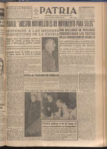 'Patria : diario de Falange Española Tradicionalista y de las J.O.N.S.' - Año XVIII Número 5435 - 1953 mayo 31
