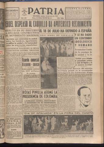 'Patria : diario de Falange Española Tradicionalista y de las J.O.N.S.' - Año XVIII Número 5448 - 1953 junio 16