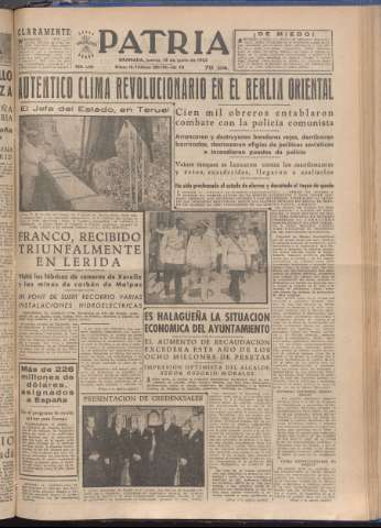 'Patria : diario de Falange Española Tradicionalista y de las J.O.N.S.' - Año XVIII Número 5450 - 1953 junio 18