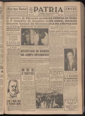 'Patria : diario de Falange Española Tradicionalista y de las J.O.N.S.' - Año XVIII Número 5466 - 1953 julio 7