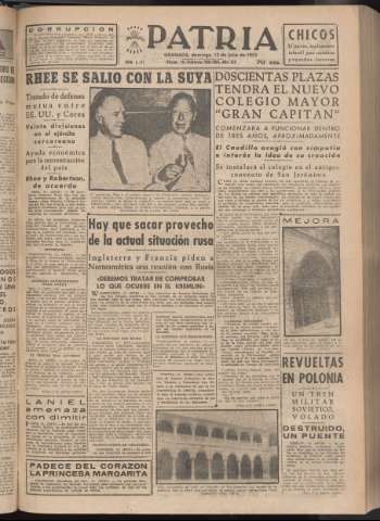 'Patria : diario de Falange Española Tradicionalista y de las J.O.N.S.' - Año XVIII Número 5471 - 1953 julio 12
