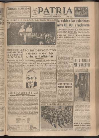 'Patria : diario de Falange Española Tradicionalista y de las J.O.N.S.' - Año XVIII Número 5486 - 1953 julio 30
