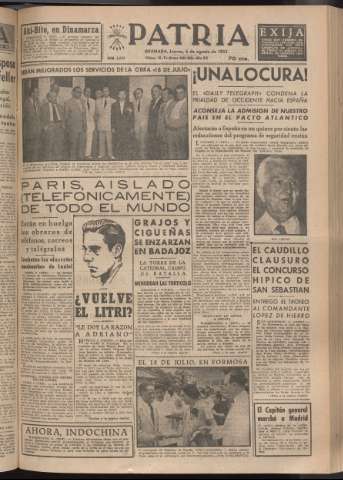 'Patria : diario de Falange Española Tradicionalista y de las J.O.N.S.' - Año XVIII Número 5492 - 1953 agosto 6