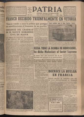 'Patria : diario de Falange Española Tradicionalista y de las J.O.N.S.' - Año XVIII Número 5495 - 1953 agosto 9