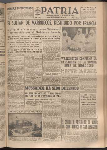 'Patria : diario de Falange Española Tradicionalista y de las J.O.N.S.' - Año XVIII Número 5505 - 1953 agosto 21