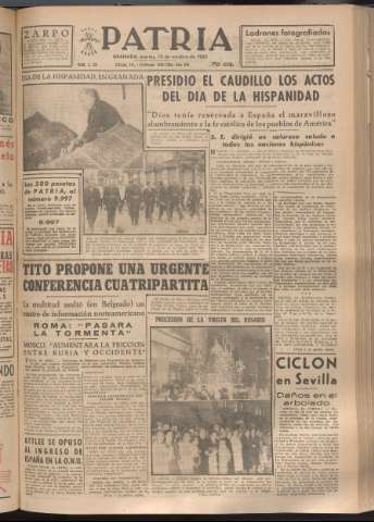 'Patria : diario de Falange Española Tradicionalista y de las J.O.N.S.' - Año XVIII Número 5550 - 1953 octubre 13