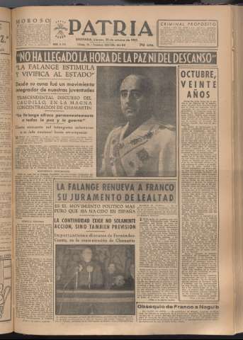 'Patria : diario de Falange Española Tradicionalista y de las J.O.N.S.' - Año XVIII Número 5565 - 1953 octubre 30