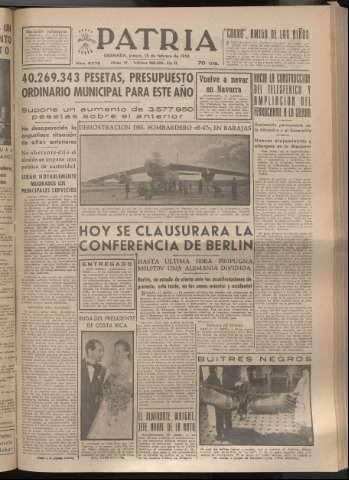 'Patria : diario de Falange Española Tradicionalista y de las J.O.N.S.' - Año XIX Número 5776 - 1954 febrero 18