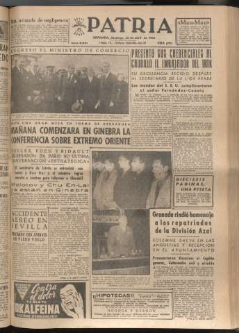 'Patria : diario de Falange Española Tradicionalista y de las J.O.N.S.' - Año XIX Número 5821 - 1954 abril 25