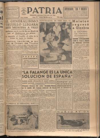 'Patria : diario de Falange Española Tradicionalista y de las J.O.N.S.' - Año XIX Número 5853 - 1954 junio 2