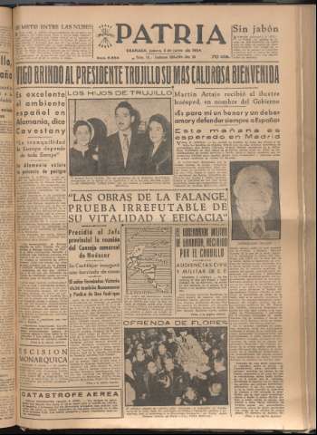 'Patria : diario de Falange Española Tradicionalista y de las J.O.N.S.' - Año XIX Número 5854 - 1954 junio 3