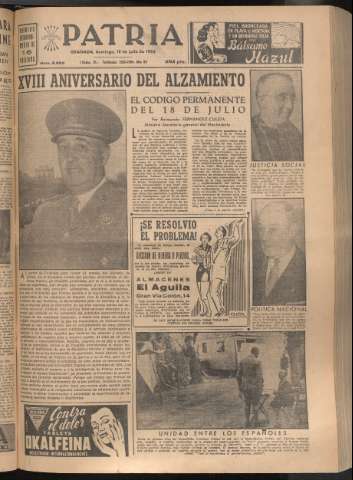 'Patria : diario de Falange Española Tradicionalista y de las J.O.N.S.' - Año XIX Número 5893 - 1954 julio 18