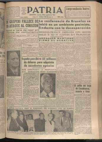 'Patria : diario de Falange Española Tradicionalista y de las J.O.N.S.' - Año XIX Número 5920 - 1954 agosto 20