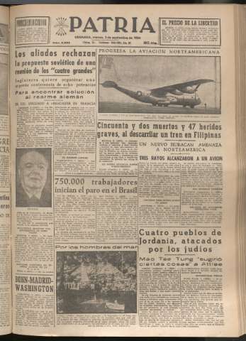 'Patria : diario de Falange Española Tradicionalista y de las J.O.N.S.' - Año XIX Número 5932 - 1954 septiembre 3