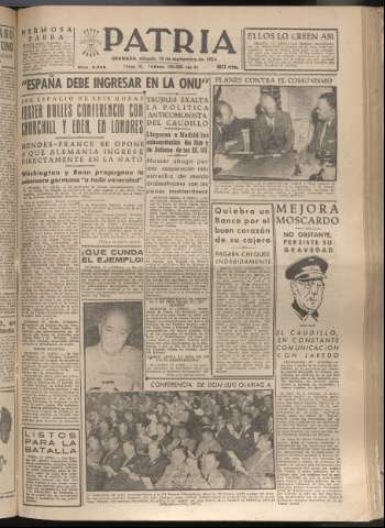 'Patria : diario de Falange Española Tradicionalista y de las J.O.N.S.' - Año XIX Número 5945 - 1954 septiembre 18