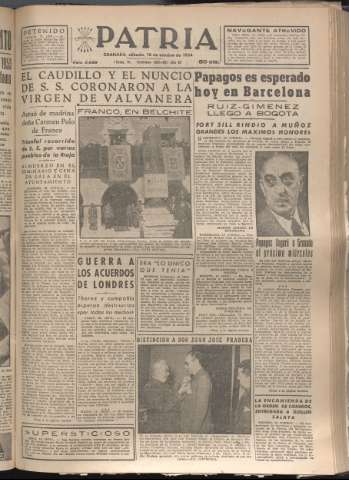 'Patria : diario de Falange Española Tradicionalista y de las J.O.N.S.' - Año XIX Número 5969 - 1954 octubre 16