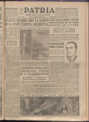 'Patria : diario de Falange Española Tradicionalista y de las J.O.N.S.' - Año XIX Número 6031 - 1954 diciembre 29