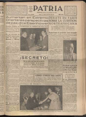 'Patria : diario de Falange Española Tradicionalista y de las J.O.N.S.' - Año XX Número 6063 - 1955 febrero 3