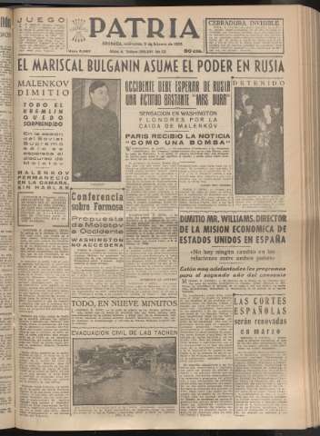 'Patria : diario de Falange Española Tradicionalista y de las J.O.N.S.' - Año XX Número 6067 - 1955 febrero 9