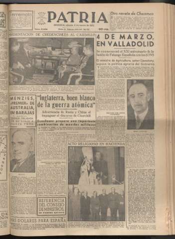 'Patria : diario de Falange Española Tradicionalista y de las J.O.N.S.' - Año XX Número 6088 - 1955 marzo 5