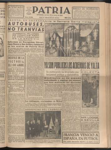 'Patria : diario de Falange Española Tradicionalista y de las J.O.N.S.' - Año XX Número 6098 - 1955 marzo 18